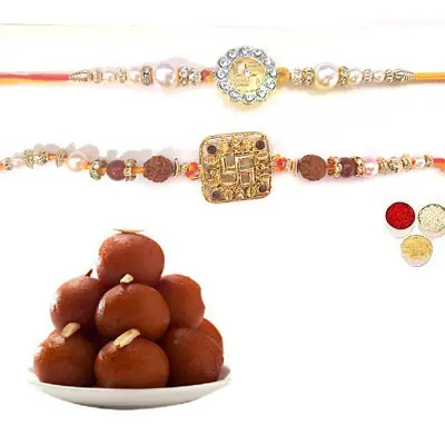 Set of 2 Swastik Rakhi with Gulab Jamun