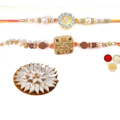 Set of 2 Swastik Rakhi with Kaju Katli