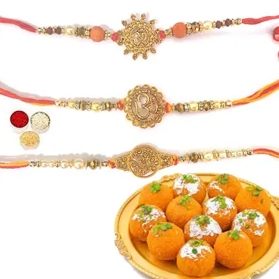 Set of 3 Om Rakhi with Laddu