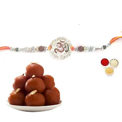 Silver Om Rakhi with Gulab Jamun