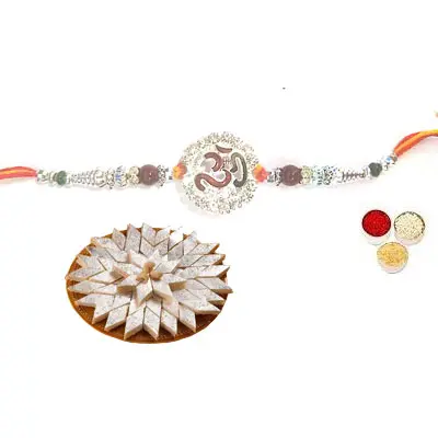 Silver Om Rakhi with Kaju Katli