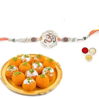 Silver Om Rakhi with Laddu