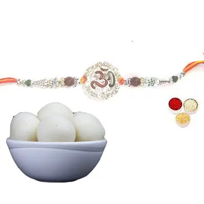 Silver Om Rakhi with Rasgulla