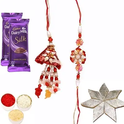 Awesome Rakhi Set for Bhaiya Bhabhi, Silk & Kaju Katli