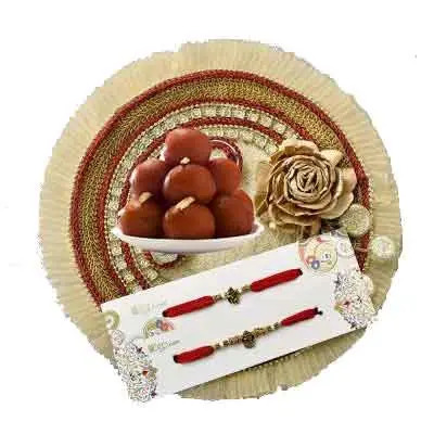 Fancy Rakhi Thali with 2 Rakhi Set, Gulab Jamun