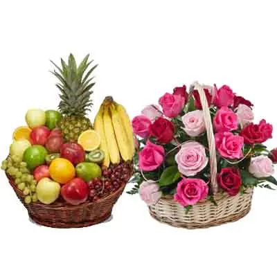 Mix Fruits Basket With Flower Basket