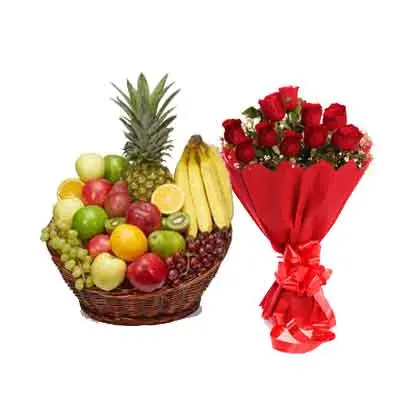 Mix Fruits Basket With Rose Bouquet