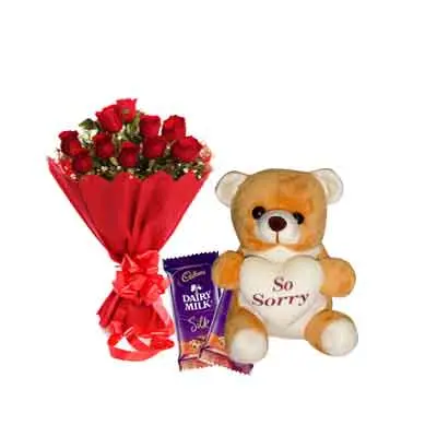 Rose Bouquet with Sorry Teddy & Chocolates