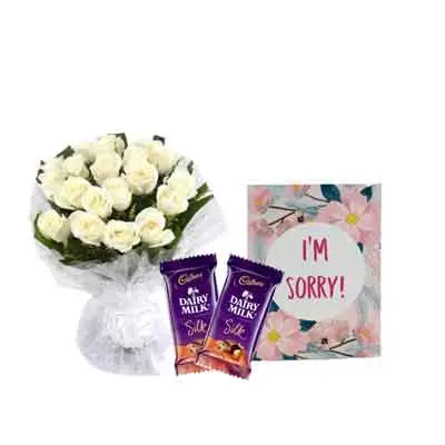 White Rose Bouquet with Sorry Card & Chocolates