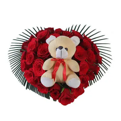 Red Roses Heart Shape Arrangement with Teddy