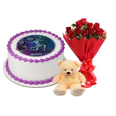 Pineapple Aquarius Round Cake, Roses & Teddy