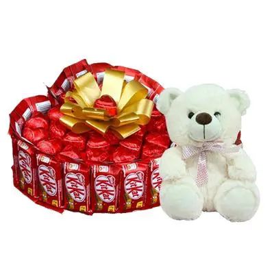 Heart Shaped Kitkat Chocolate Bouquet with Teddy