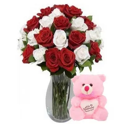 Red & White Roses Vase with Teddy