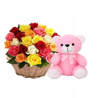 Mix Rose Basket with Teddy