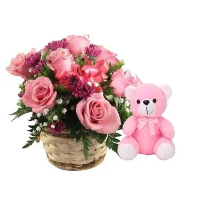 Pink Rose Basket with Teddy