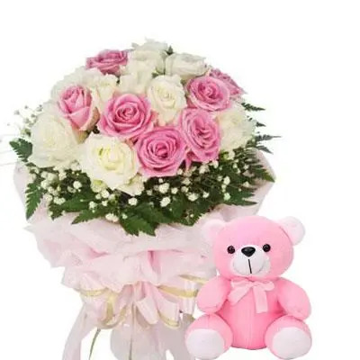 White & Pink Roses Bouquet with Teddy