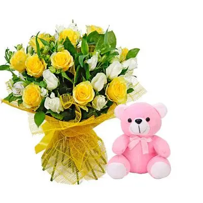 Yellow & White Roses Bouquet with Teddy