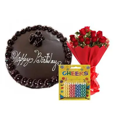 Birthday Dark Chocolate Cake with Bouquet & Candles