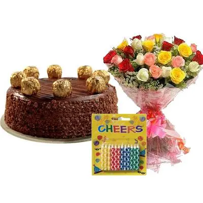 Ferrero Rocher Cake with Mix Roses & Candles