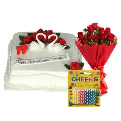 Happy Anniversary Pineapple Cake with Red Roses & Candles