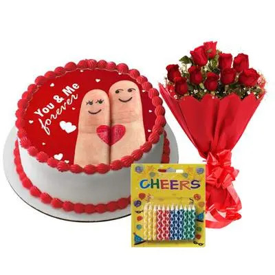 Happy Anniversary You & Me Cake with Red Roses & Candles