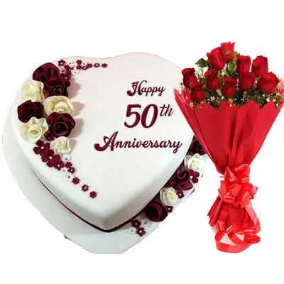 50th Anniversary Heart Shape Fondant Vanilla Cake with Bouquet