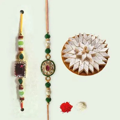 Set of 2 Kundan Rakhi with Kaju Burfi