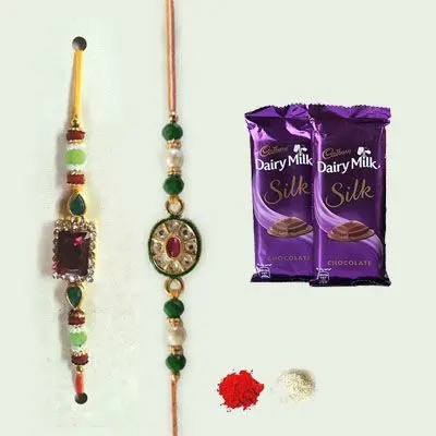 Set of 2 Kundan Rakhi with Silk