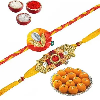 Set of 2 Mauli Rakhi with Laddu