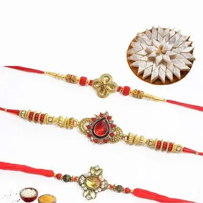 Set of 3 Kundan Rakhi with Burfi