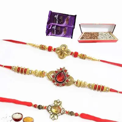 Set of 3 Kundan Rakhi with Dry Fruits & Silk