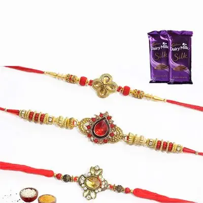 Set of 3 Kundan Rakhi with Silk