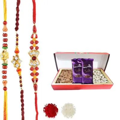 Set of 3 Mauli Rakhi with Dry Fruits & Silk