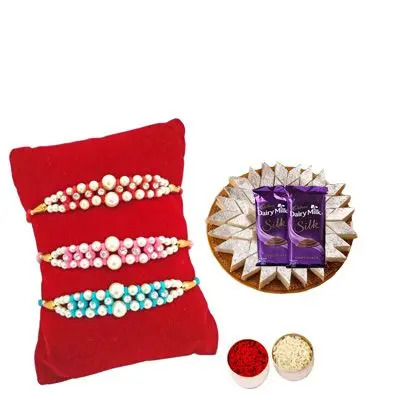 Set of 3 Pearl Rakhi with Burfi with Silk