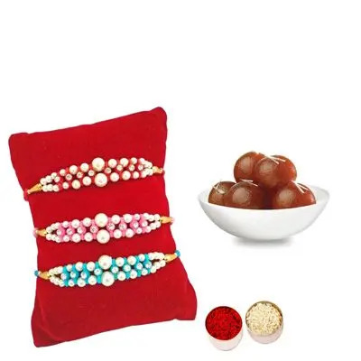 Set of 3 Pearl Rakhi with Gulab Jamun