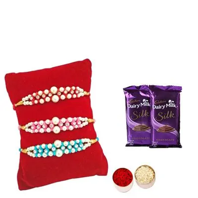 Set of 3 Pearl Rakhi with Silk