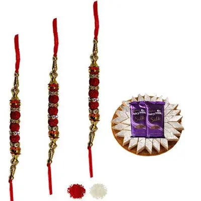 Set of 3 Rudraksha Rakhi with Burfi & Silk