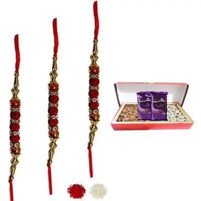 Set of 3 Rudraksha Rakhi with Dry Fruits & Silk