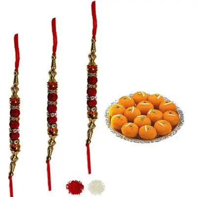 Set of 3 Rudraksha Rakhi with Laddu