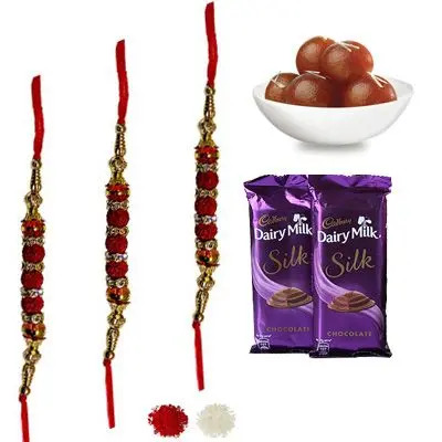 Set of 3 Rudraksha Rakhi with Silk & Gulab Jamun