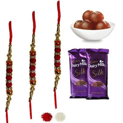 Set of 3 Rudraksha Rakhi with Silk & Gulab Jamun