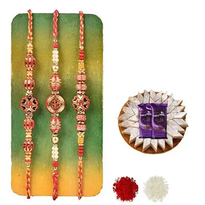 Set of 3 Swastik Rakhi with Burfi with Silk