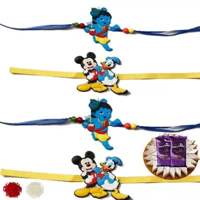 Set of 4 Kids Rakhi with Burfi & Silk