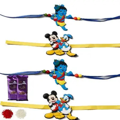 Set of 4 Kids Rakhi with Silk