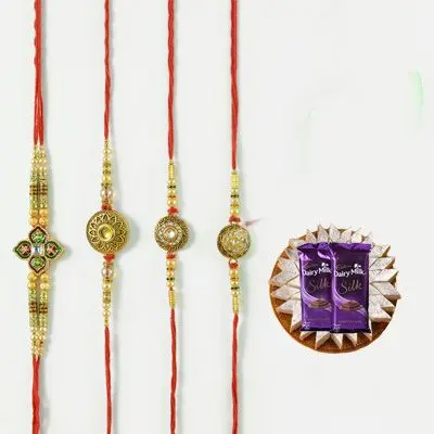 Set of 4 Mauli Rakhi with Burfi & Silk