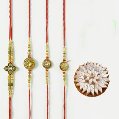 Set of 4 Mauli Rakhi with Burfi