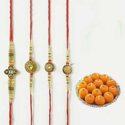 Set of 4 Mauli Rakhi with Laddu