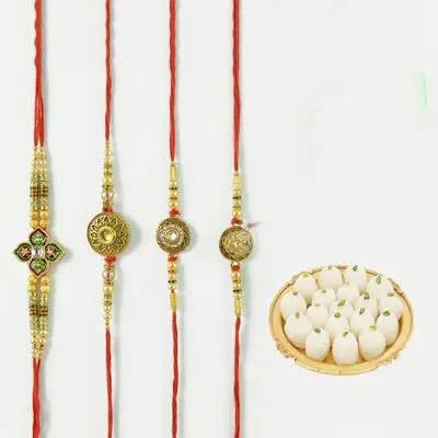 Set of 4 Mauli Rakhi with Rasgulla