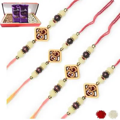 Set of 4 Om Rakhi with Dry Fruits & Silk