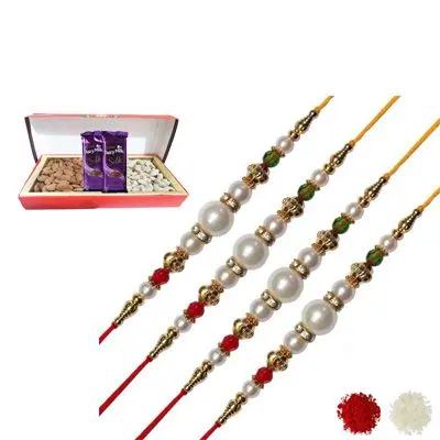 Set of 4 Pearl Rakhi with Dry Fruits & Silk